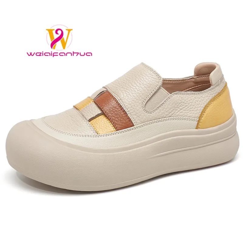 Women's loafers made of top-grade cowhide, 2026 new style, thick sole, sport shoes, retro color combination, women's shoes