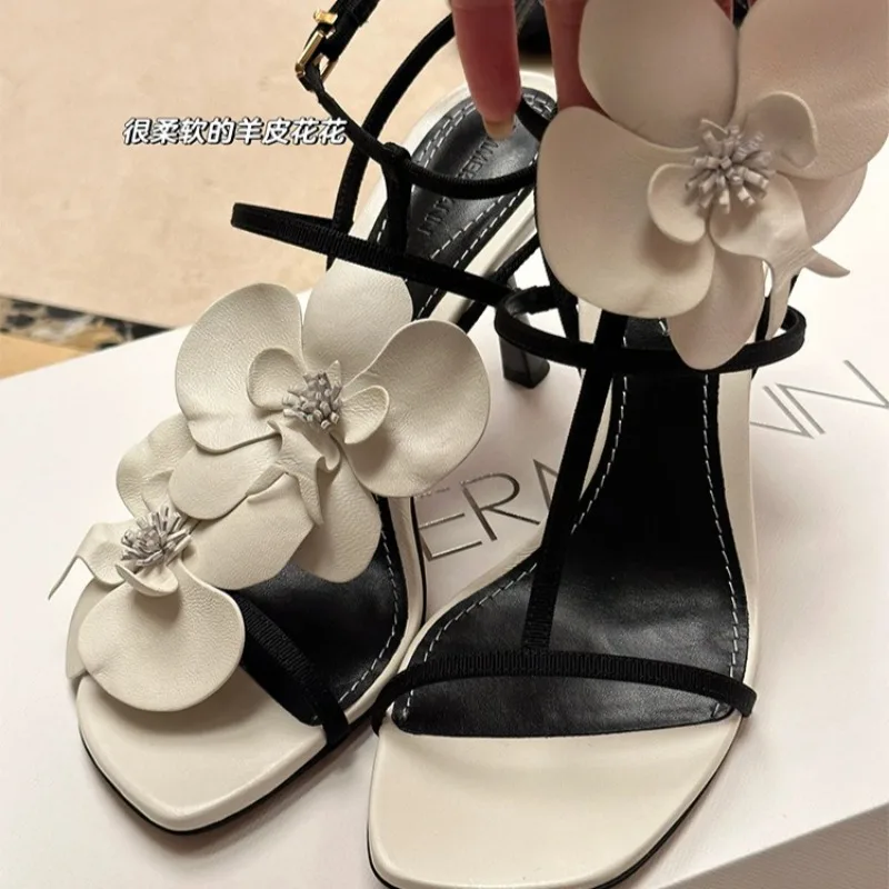 Flower Design Sandals Women's High Heeled Sandals Summer Square Head Open Toe Sandals for Women Ankle Strap Slingback Sandalias