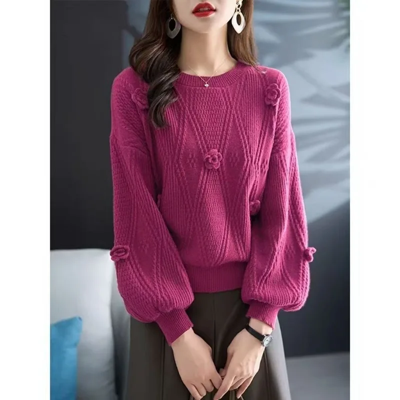 زهرة الخريف والشتاء قاع قميص سترة قاع فانوس فضفاض بلون جولة الرقبة البلوز قمة الموضة