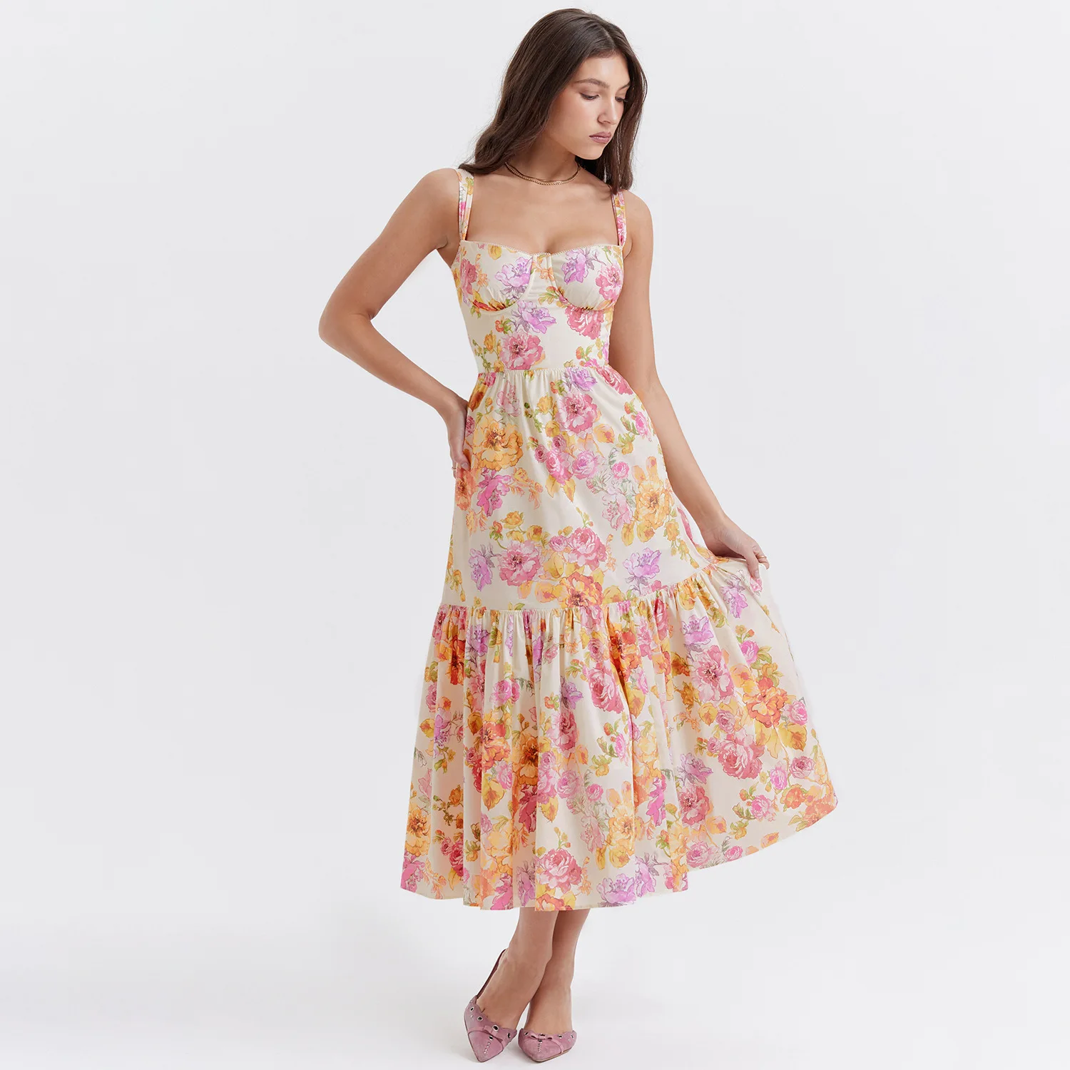 Women's Casual Dresses Women's Clothes European And American Style Summer New Long Dress Printed Suspender Skirt One-word Should