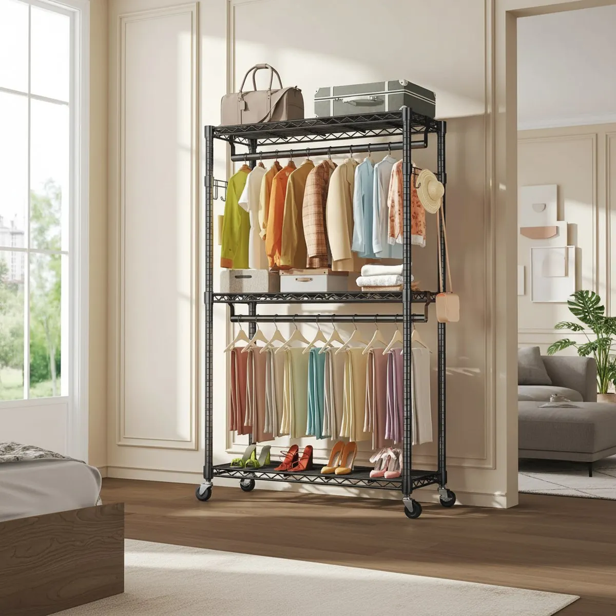 Large Metal Clothes Rack Heavy Duty Portable Garment Organizer 47 Inch Black