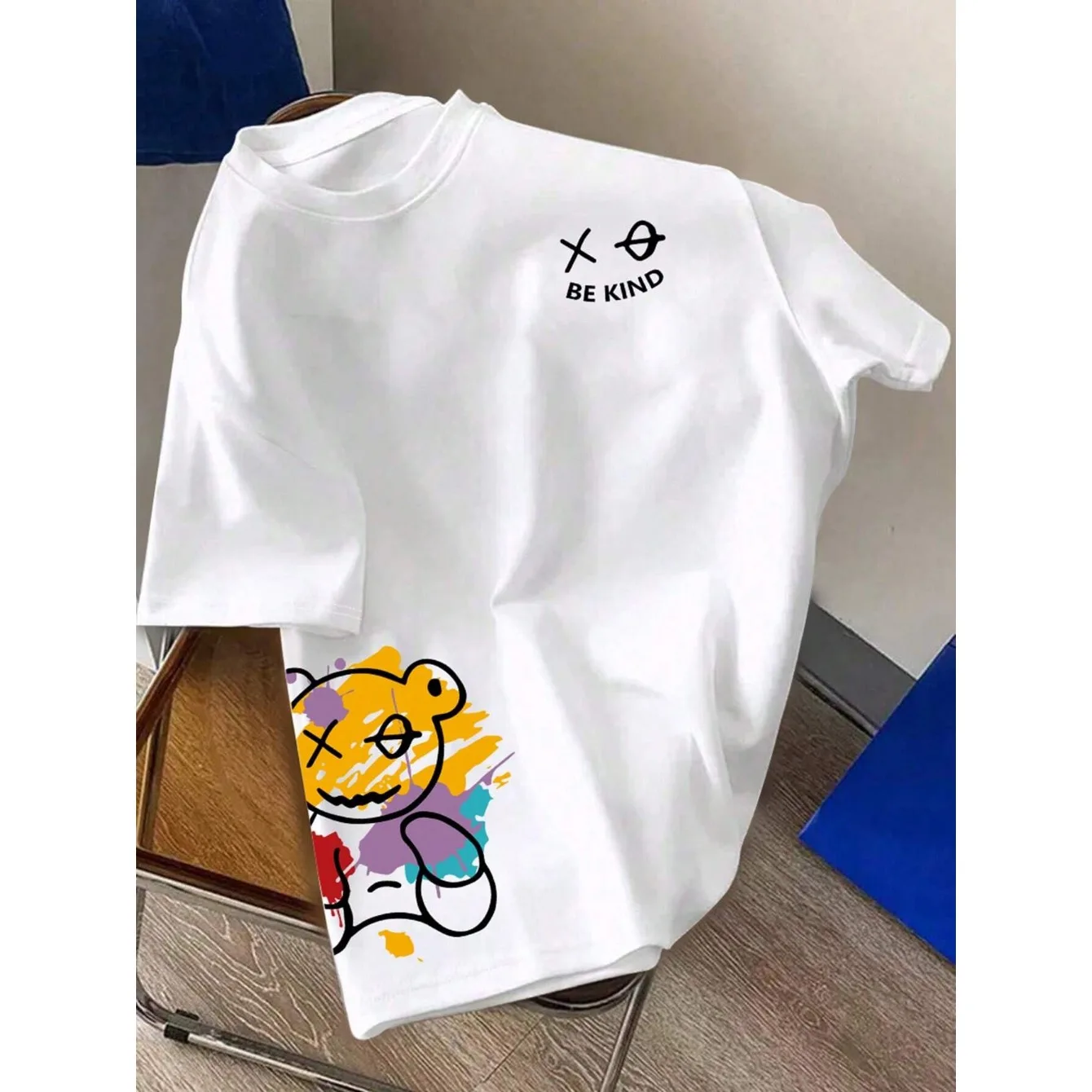 Men\'s 100% Pure Cotton Summer Loose Size BE KIND Letter Cartoon Print Casual Comfortable O Neck Short Sleeved T-shirt Top