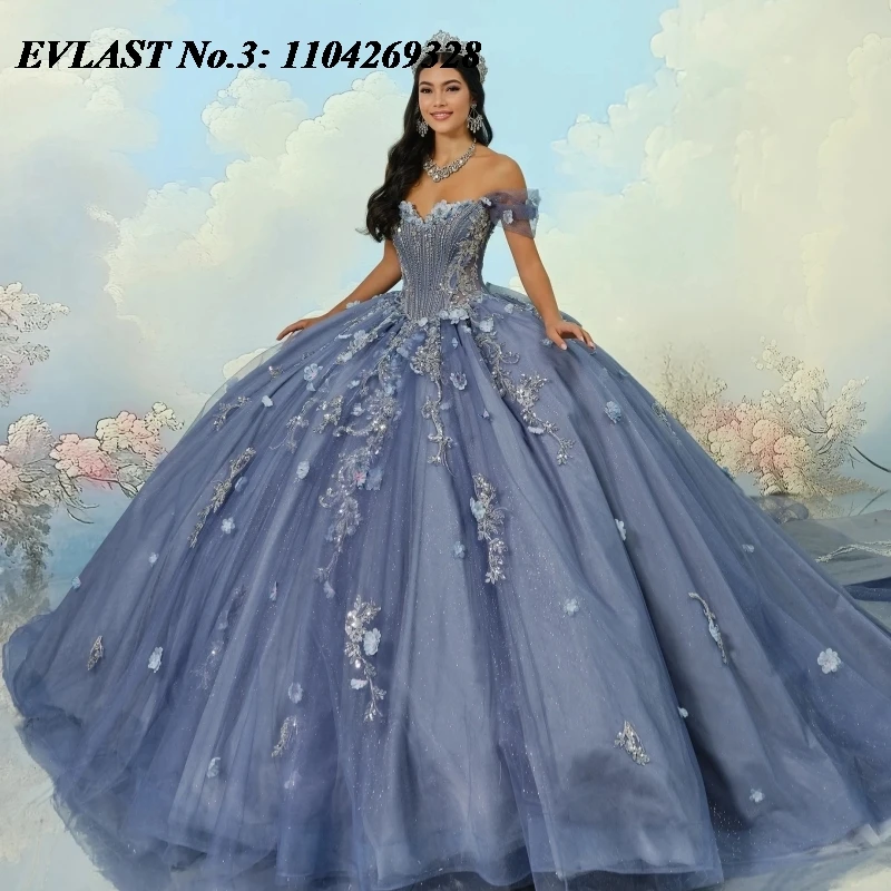 

EVLAST Customized Sparkly Blue Quinceanera Dress Ball Gown Lace Applique Crystal Beaded Sweet 16 Vestidos De 15 Anos E3Q821