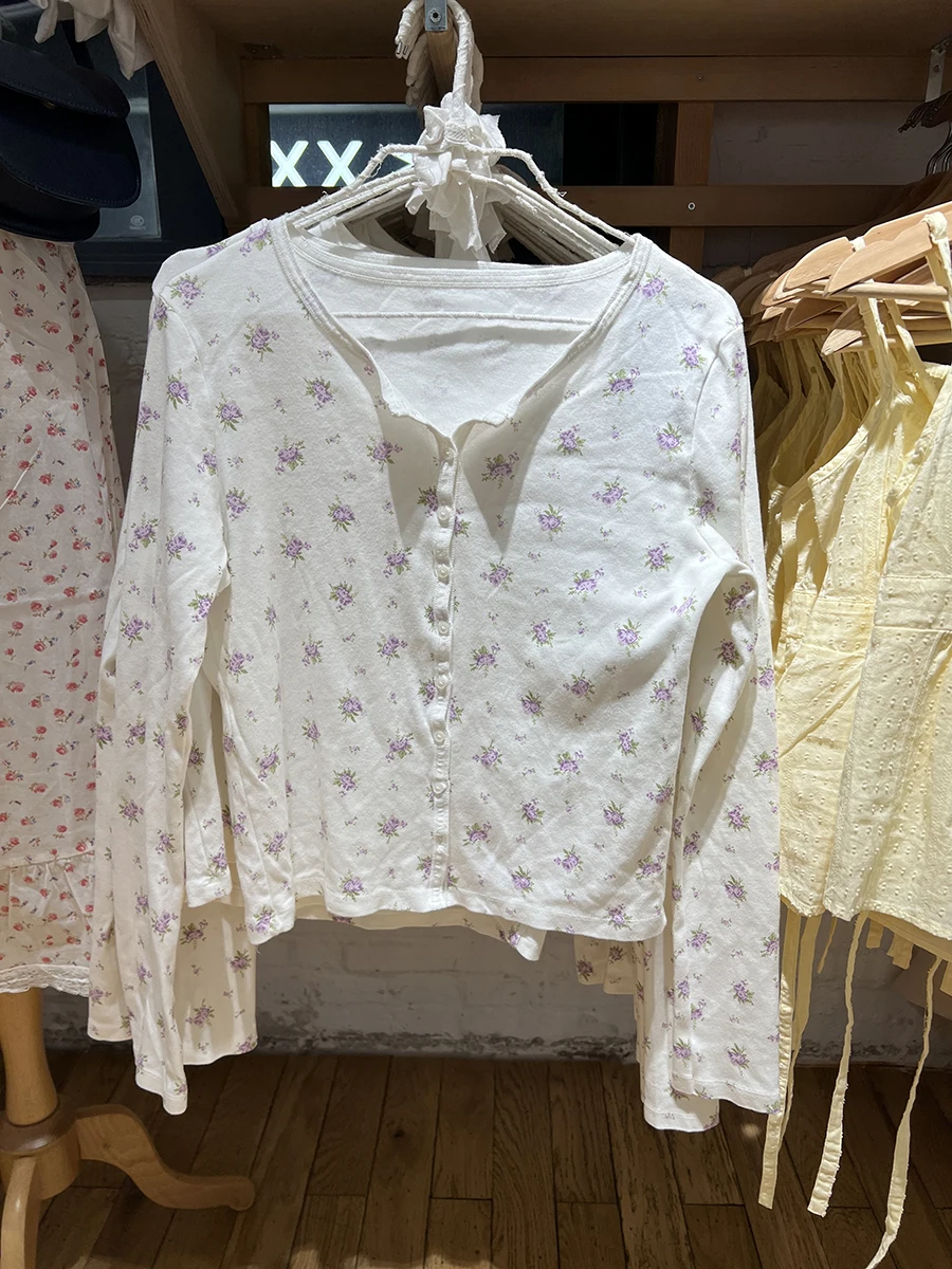 الأرجواني الأزهار سترة طويلة الأكمام تي شيرت المرأة الجديدة مغرفة الرقبة واحدة الصدر تي شيرت الحلو القطن عادية سليم التي شيرت بلايز #1