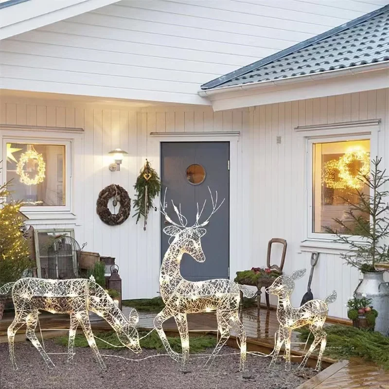 Metal Frame Reindeer Decor Glowing Christmas Deer Ornament Set with Led Lights for Outdoor Xmas Decorations Metal Frame for Home