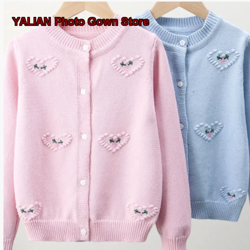 Girls Cardigan Kids Spring Autumn Pure Cotton Knit Top Heart Pattern Stylish Outerwear