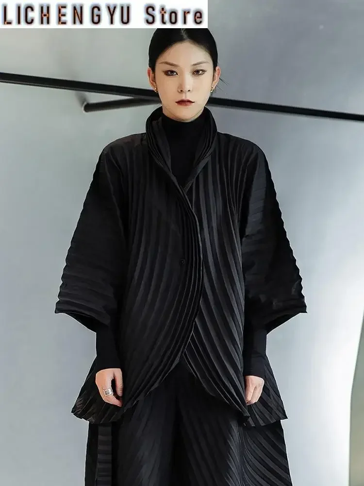 Wide Leg Pants Pleated Two Piece Suit New Turtleneck Long Sleeve Black Loose Fit Women Fashion Spring Autumn