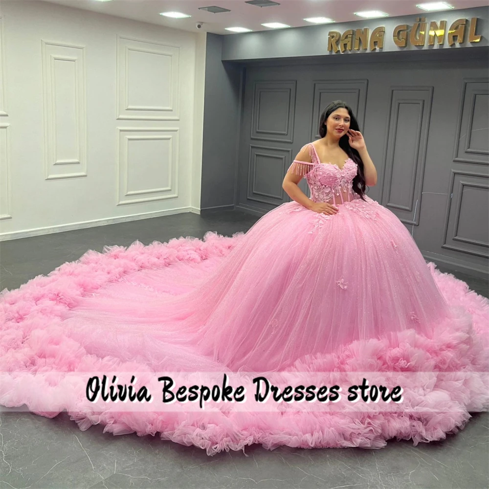 Applique merah muda menawan gaun Quinceanera jumbai Tulle Ruched kereta gaun pesta pernikahan Meksiko gaun vestidos de 15 ainggos