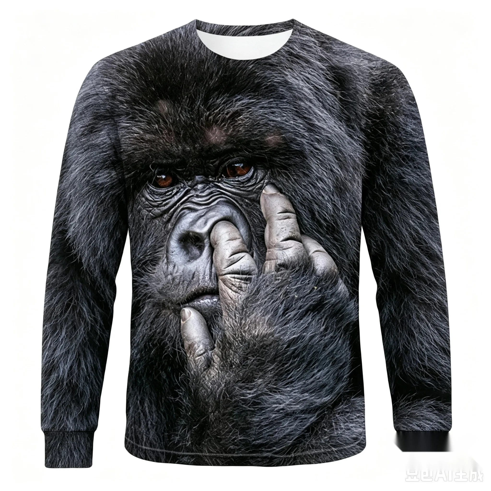 Men's Crew Neck Sweatshirt, 3D All Over Print Realistic Orangutan Gorilla Face Casual Long Sleeve Pullover Tops