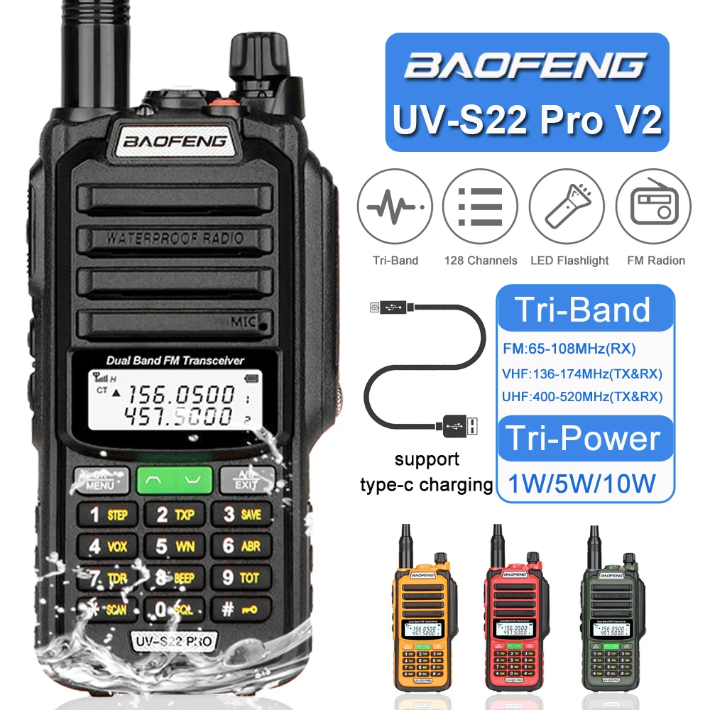 Baofeng IP68 Waterproof 128CH FM Radio 136-174/400-520MHz Dual Band Walkie Talkie Ham Radio 10W Power 50KM Range UV-S22 PRO V2