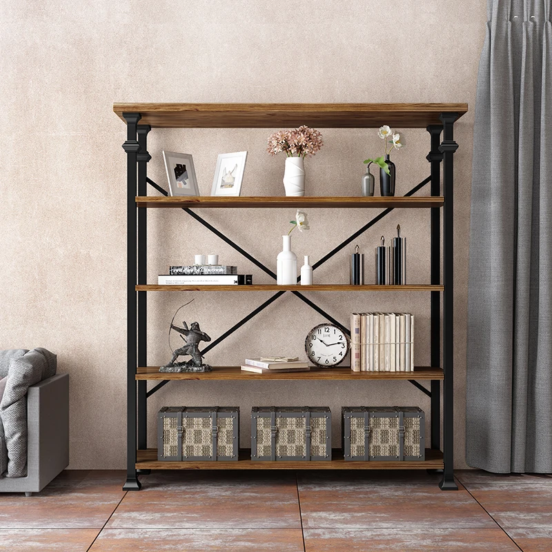 Industrial style storage Solid wood bookshelf Retro wrought iron shelf Home floor bookcase Multi-layer display shelf Display rac