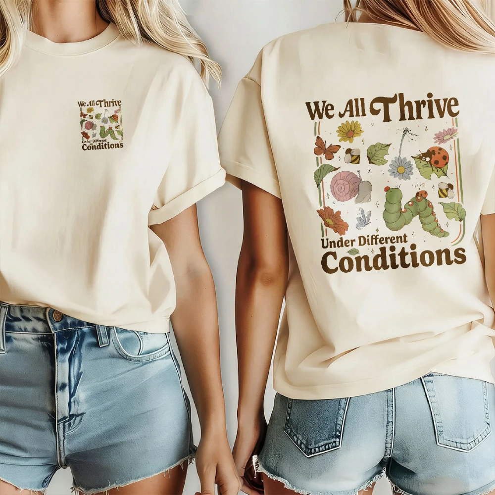 T-shirt décontracté en coton pour femme, motif floral et insectes sauvages (Larve, Abeille, Escargot, Fleurs sauvages), pour les amoureuses de la nature et de l'environnement