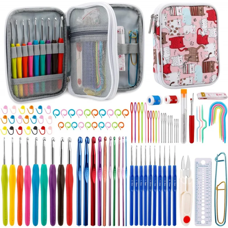 104 pack crochet hooks set, 9 PCs Coloured aluminum ergonomic soft grip handles crochet kit 2mm to 6mm with accessories