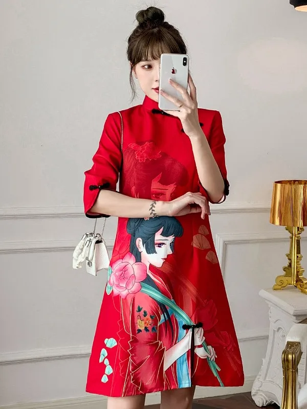 

Элегантное платье-ципао с цветочным принтом, приталенное, в стиле А-силуэт, свободного кроя, большого размера, с низким разрезом, для повседневной носки