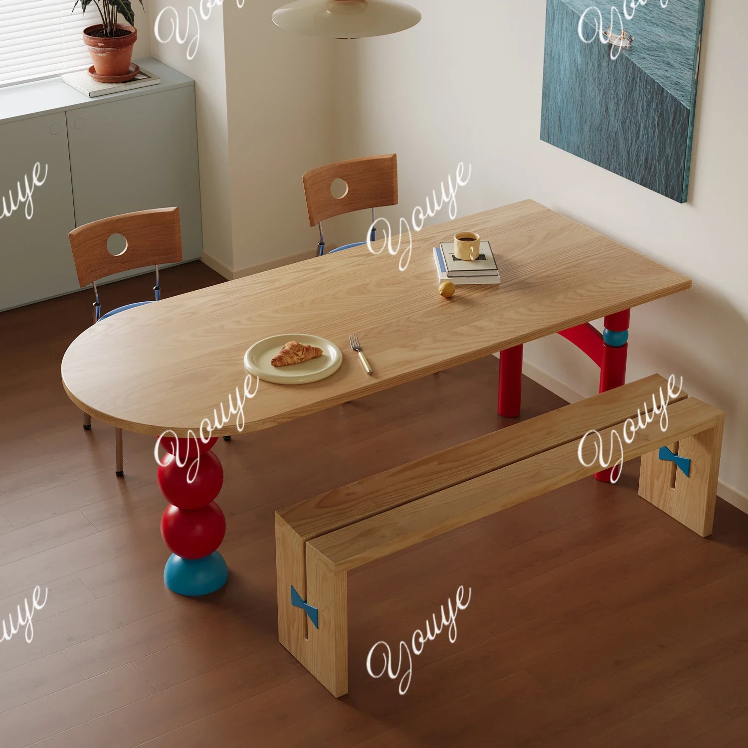 طاولة طعام من الخشب الصلب Q Middle Bauhaus، شقة صغيرة، طاولة طعام محظورة بالألوان، مكتب ملون من الحائط إلى الحائط شبه دائري #1