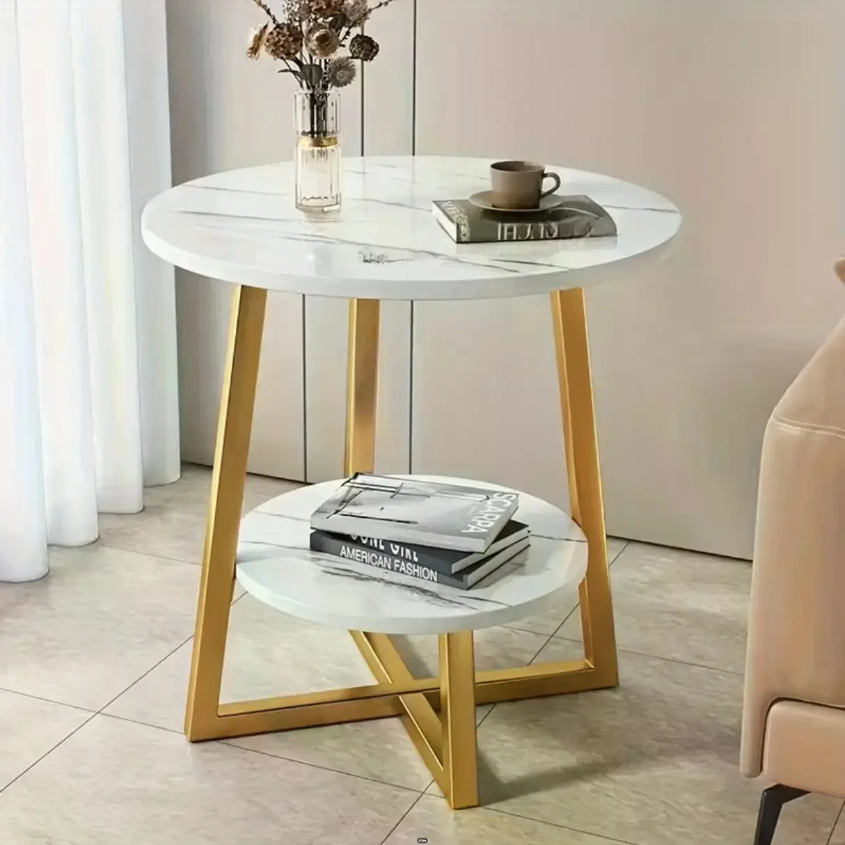 Modern 2-Tier MetalEnd Table with Storage Shelves - Compact Round Side Table for Living Room, Balcony, or Bedroom, White Marble Top, 4 Color Options, Perfect Holiday Gift, Coffee Table for Living Room, Balcony Organizer, Minimalist Design