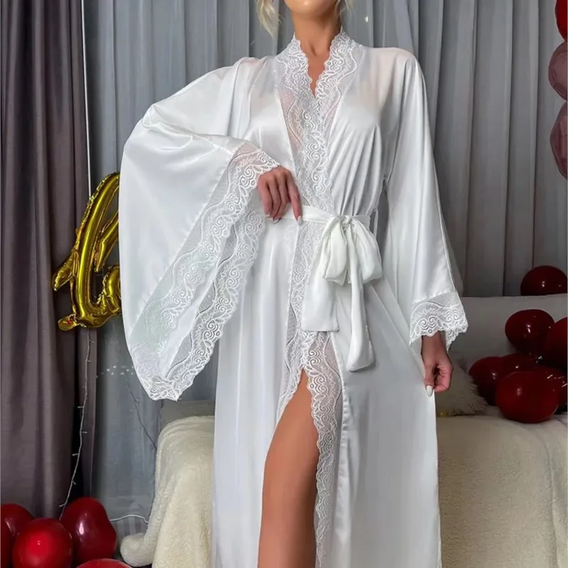 

Сексуальный длинный халат из шелкового атласа с кружевными вставками для женщин, с расклешенными рукавами, свободного кроя, в дворцовом стиле, ночная одежда, домашняя одежда с кружевной отделкой