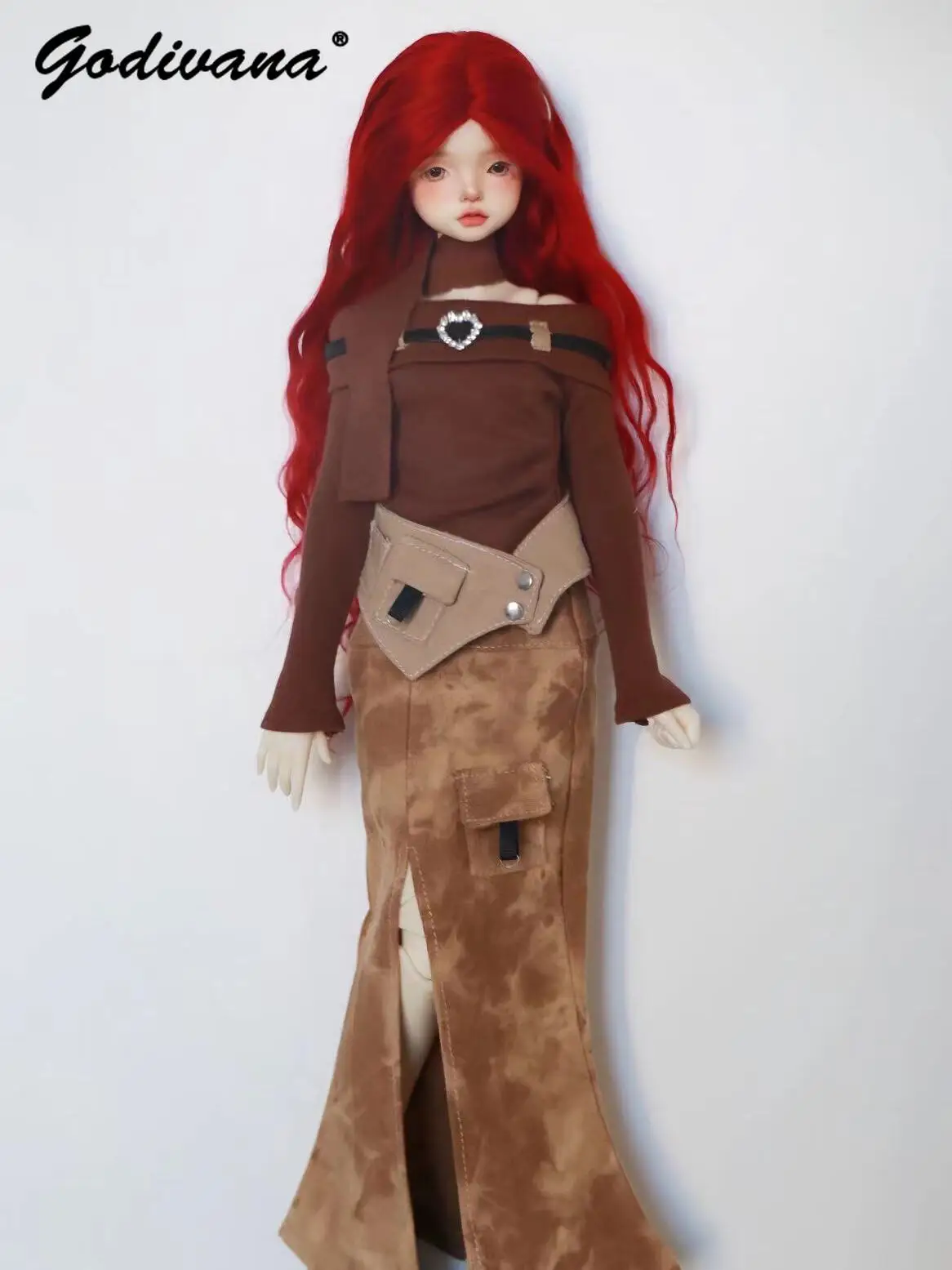 Original Spice Girl One-shoulder Collar Wasteland Coquette Cool Sweet Long Sleeve Top and High Split Skirt Set for 1/4 BJD Doll