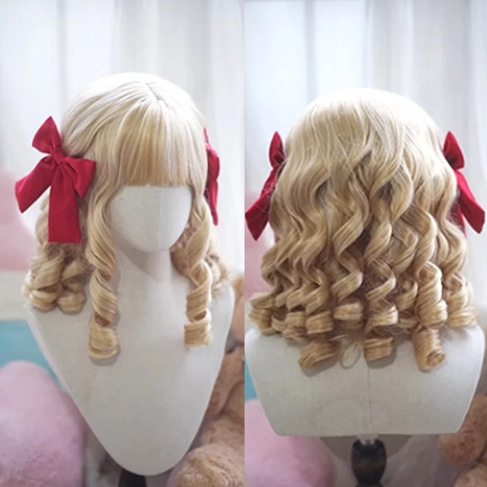 Roman CurlySynthetic Lolita Curly Hair With Bangs Red Golden Anime Wig Oberl Woman Party Cosplay WigFrench Noble Elegant