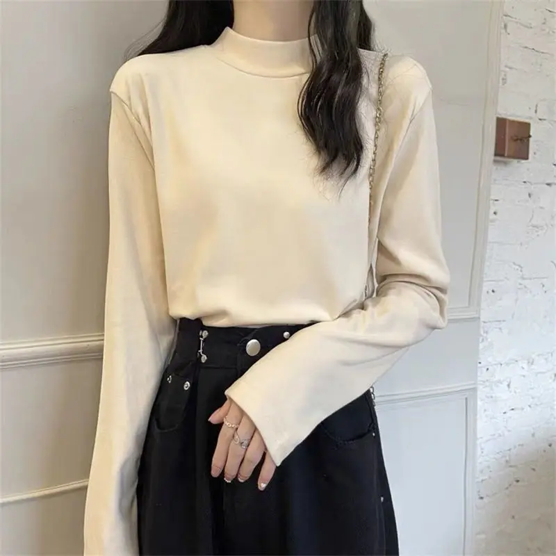 Autumn T-shirts Women Clothing 8 Colors Solid Elegant Basic Tops All-match Leisure Feminino Thickening Cozy Daily Lady Vintage