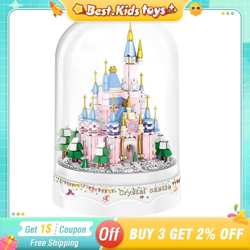 Mini Dream Crystal Castle Building Blocks With Dust Cover Creative Assembly DIY Music Box Bricks Kids Toys Girls Birthday Gifts