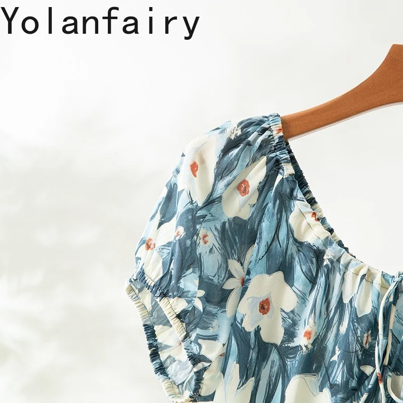 YOLANFAIRY Sukienka letnia ze 100% jedwabiu morwowego 2025 Elegancka damska sukienka wakacyjna z nadrukiem, podkreślająca talię, z krótkim rękawem