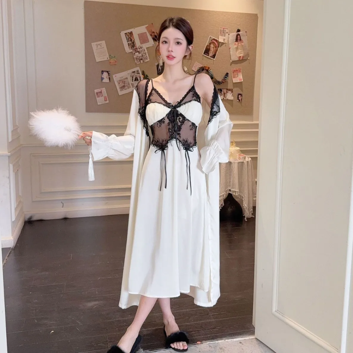 

2025 New Spring/Summer Long Sleeve Two piece Sleeping Skirt Ice Silk Sexy Lace Palace Style Pajama