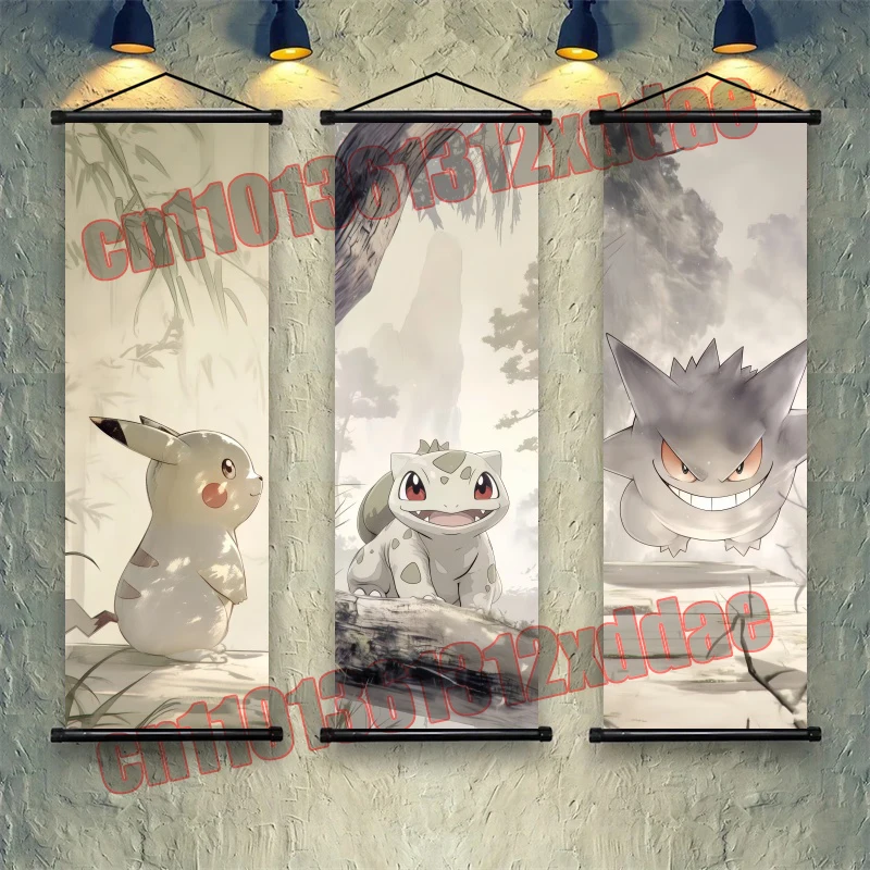 

Printed Anime Pokemon Pikachu, Gengar, Bulbasaur, Art White Canvas Poster Wall Painting Hanging Scroll Retro Wall Decoration