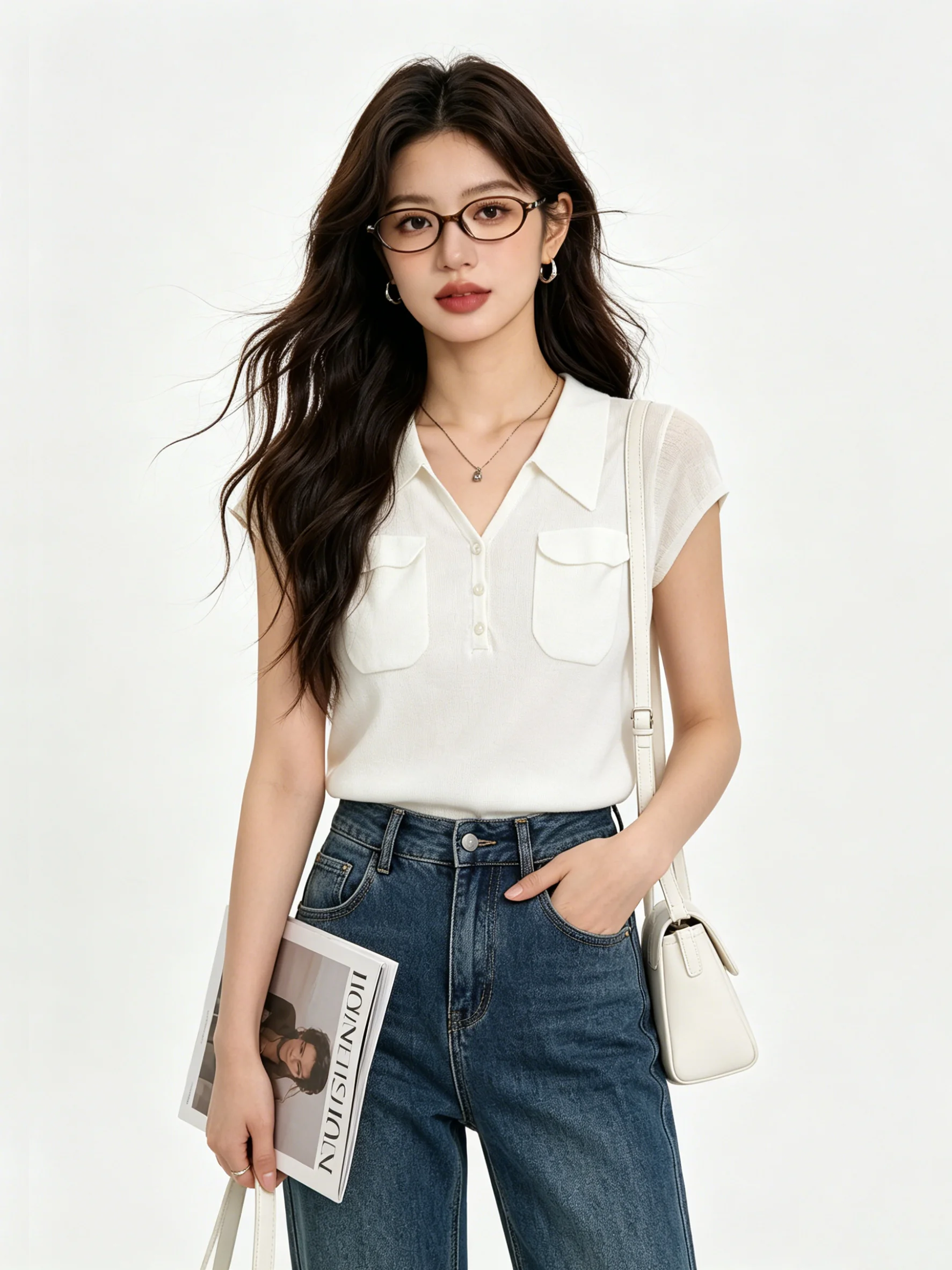 Breathable Korean Style Knitted Vest Women's Sleeveless Shirt Flip Collar Summer New Arrival Versatile Outerwear Pure Color