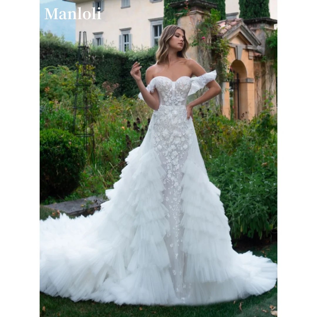 

Luxury Lace Decal Wedding Dress Layered Tulle Bridal Ball Dress Off Shoulder Sweetheart Collar Bridal Dress Custom