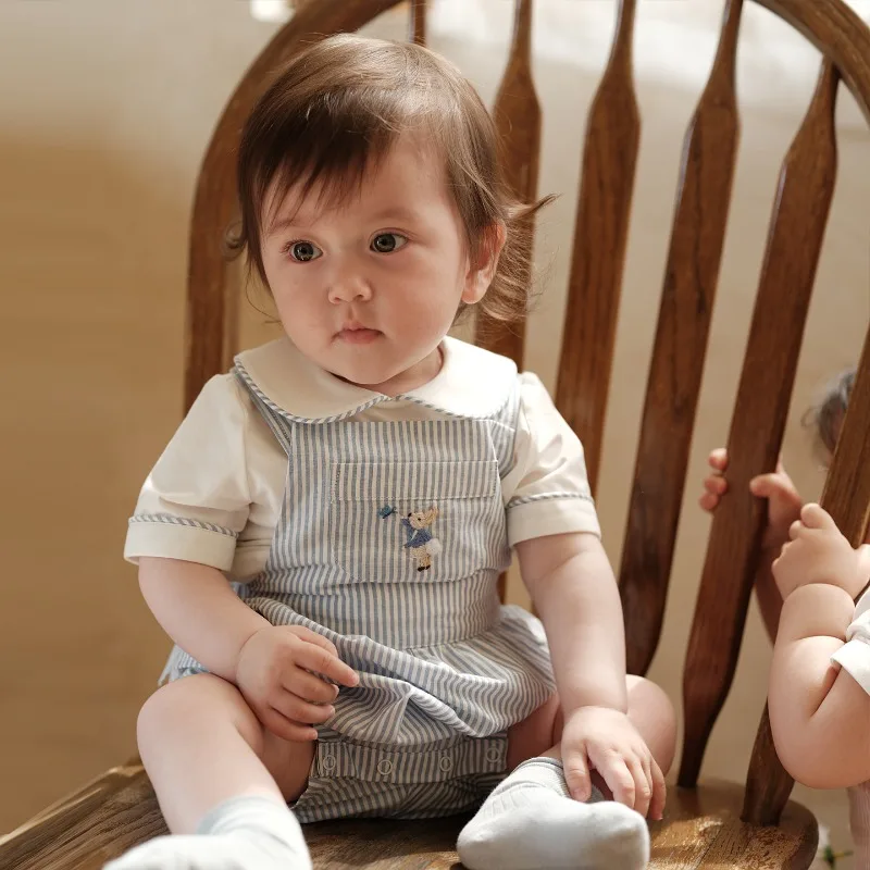 

Handmade Sweet British Striped Baby Boys Short Sleeve Climbing Suit Boys Overalls Set Embroidered Top Children Boutique Clothes