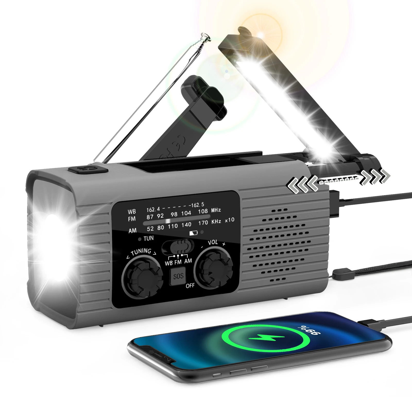 Hand Crank Radio 2000mAh Weather Radio Power Outages Solar Panel Ultra-bright LED Flashlight 7 Preset NOAA Channels