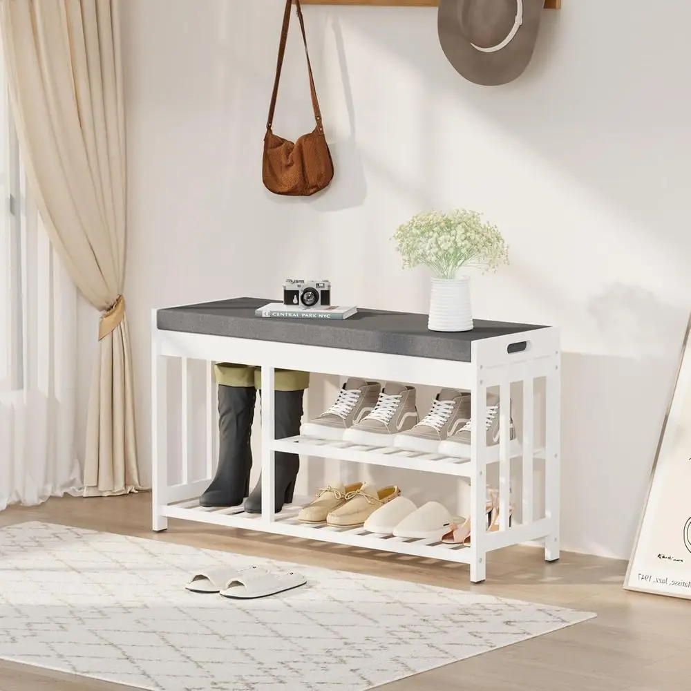 White 2-Tier Shoe Storage Bench with Cushion and Flip-Top for Entryway, Hallway, and Bedroom