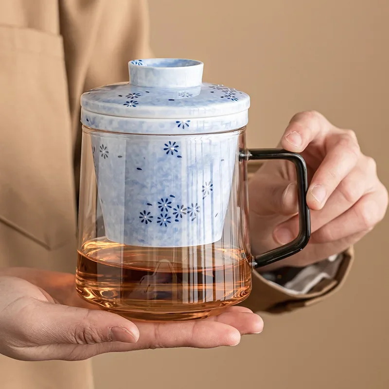 464ML Sprinkled Blue Daisy with Lid Mug High Value Tea Separation Cup Exquisite Hand-painted Glass Office TeaCup Coffee Cup Gift
