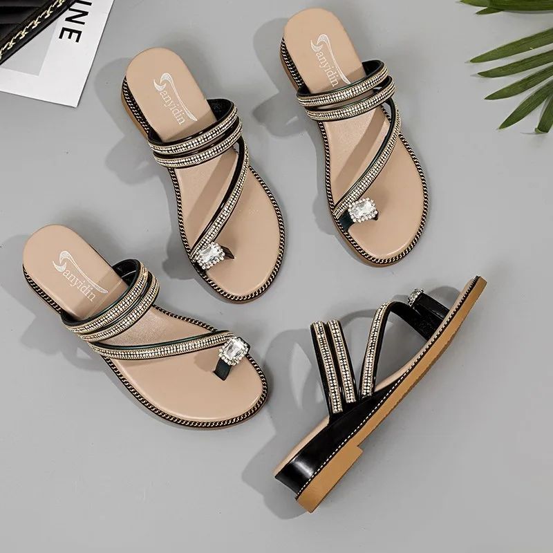 Summer Fashion Outside Wearing Women Two Wear Sandals Korean Version Flat Pearl Rhinestone Slippers Woman