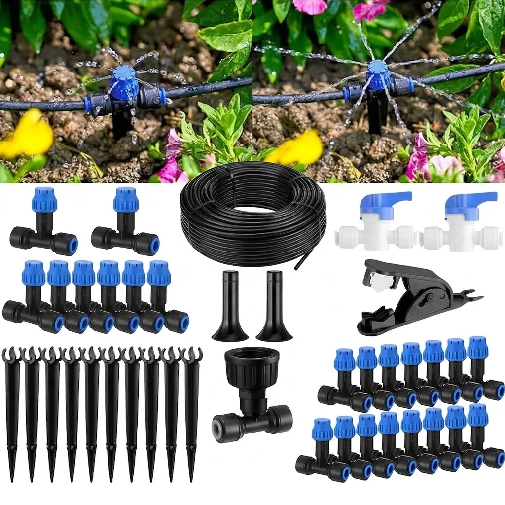 1 4 Inch Blank Garden Watering System 18M 59ft Quick Connector Vegetable Greenhouse Mist Drip Irrigation Kit With Tubing Home
