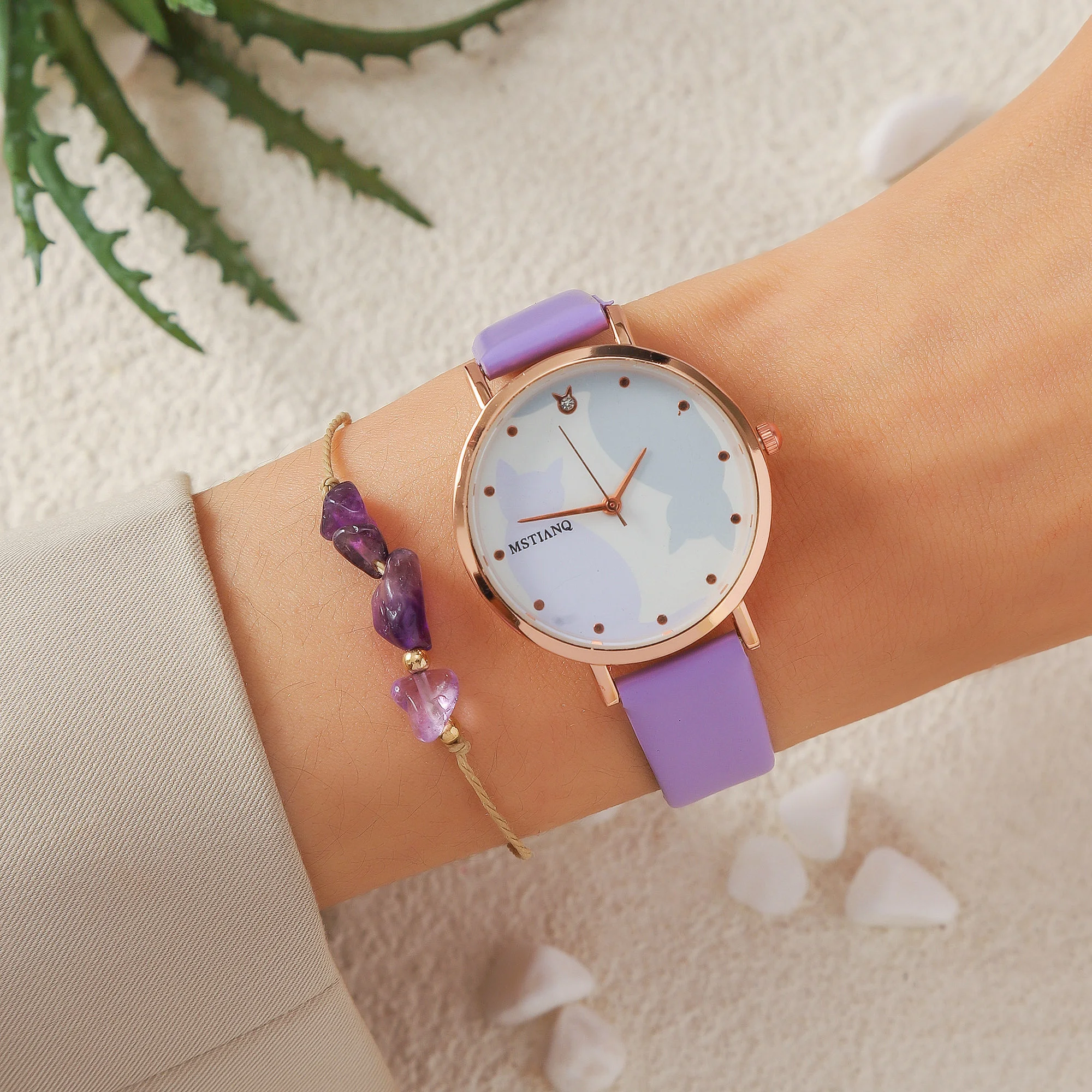 لا يوجد صندوق هدايا؛ ساعة كوارتز بحزام قطة كرتونية لطيفة وسوار من الخرز الكريستالي الأرجواني مكون من قطعتين #2