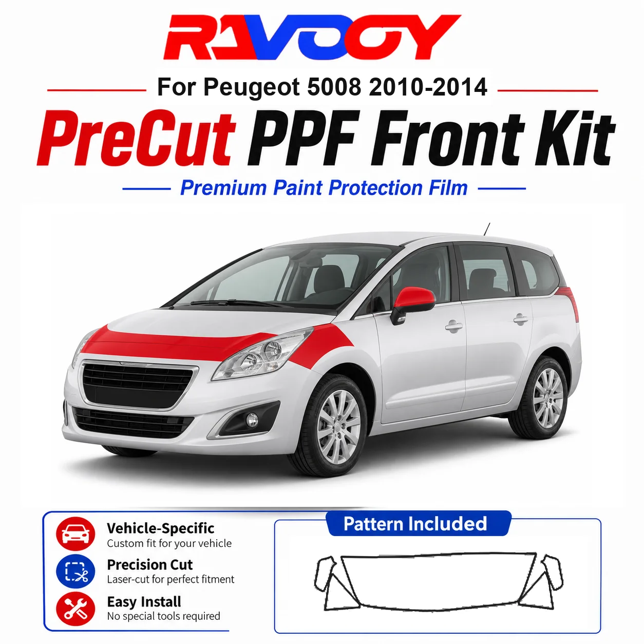 

8.5mil TPU Precut PPF Kit For Peugeot 5008 2010-2014 - Hood, Fenders & Mirror Set - Self-Healing Clear Bra Film