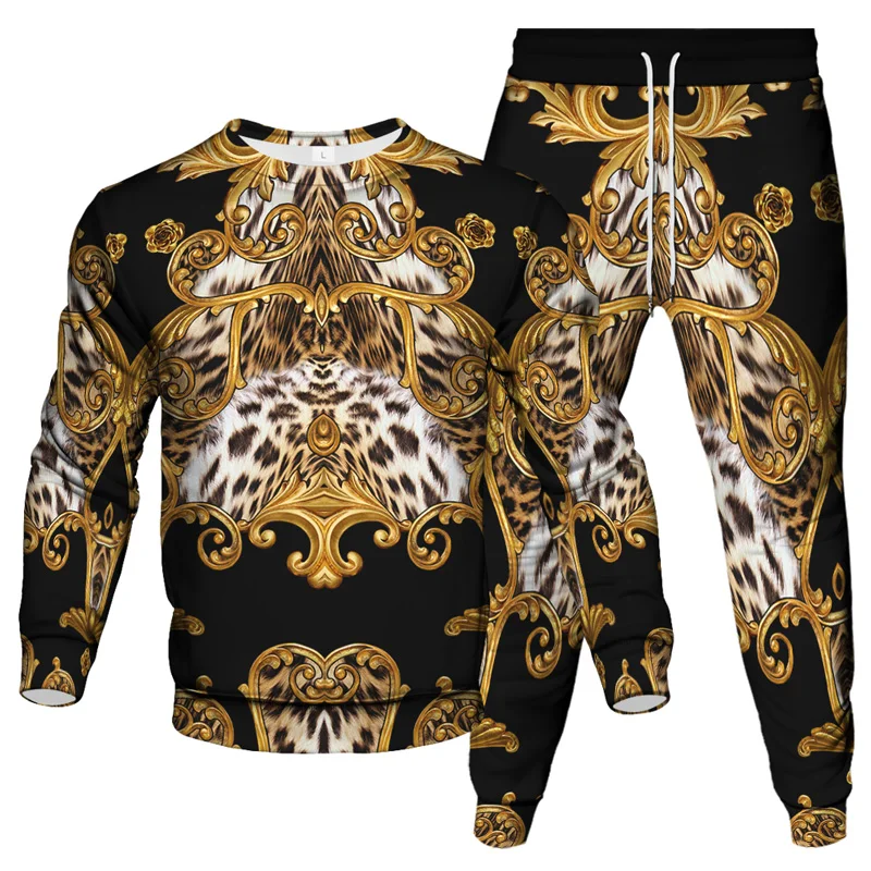 Baroque Style Vintage Luxury Royal Leopard Printing Golden Flower Men Women Tracksuit Sweatshirt Pants 2 Piece Sets Clothes Suit