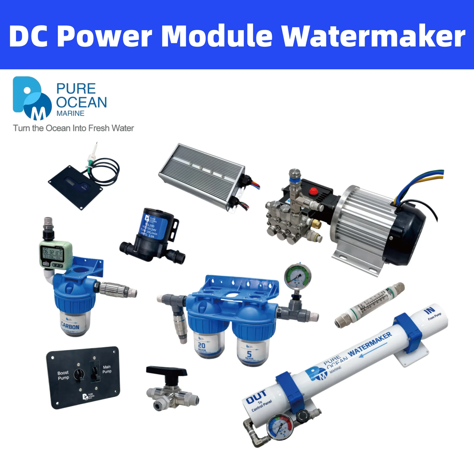 PureOceanMarine SE Modular Seawater Desalination Watermaker DC Power 12V 24V 48V Freshwater Guarantee for Cruisers