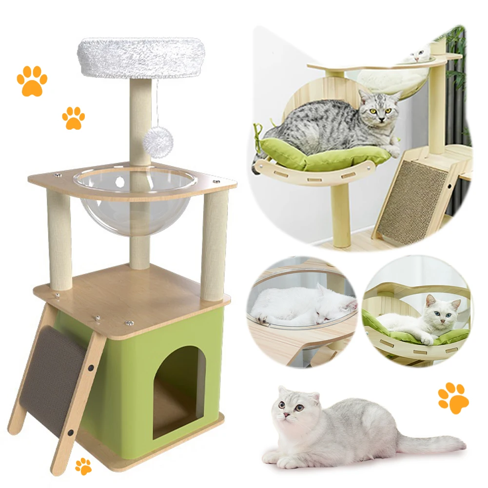 

Зеленая когтеточка-дерево с домиками для кошек, многоуровневая, в форме космической капсулы, для заточки когтей