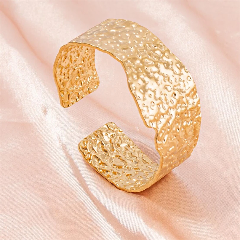 1Pc Stainless Steel Women Personality Irregular Wide Textured Open Bangle Trendy Wheat Ear Leaf Bmboo Aesthetic Bracelet Jewelry