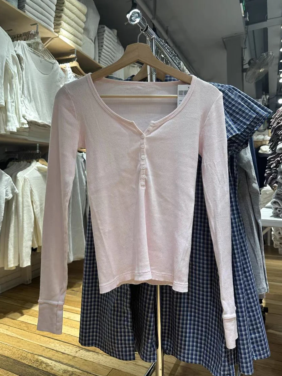 T-shirt manches longues côtelé rose femmes Six boutons encolure dégagée hauts minces T-shirts automne doux décontracté Simple coton T-shirts Y2k