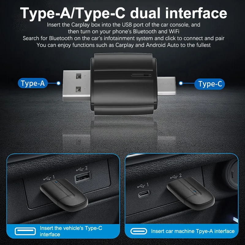 Adaptador inalámbrico 2 en 1 CarPlay Android Auto Compatible con Bluetooth 5,0 WiFi tipo C/USB para adaptador Plug And Play estéreo de coche OEM