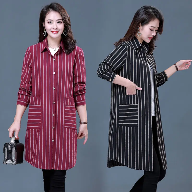 

Blouse Women Autumn Top Striped Shirt Women's Retro Work Clothes Tops Long Style Single-breasted Turn-down Collar Shirts A686