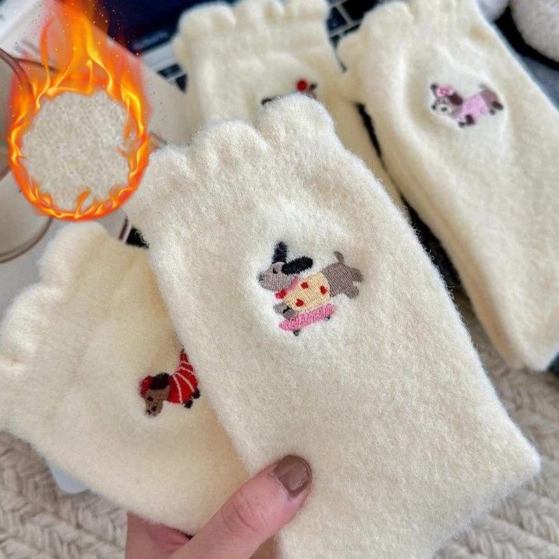 

Мягкие флисовые носки с милой собакой, женские зимние теплые утепленные мультяшные плюшевые средние носки-трубы, термоуютные носки для сна, кавайные носки