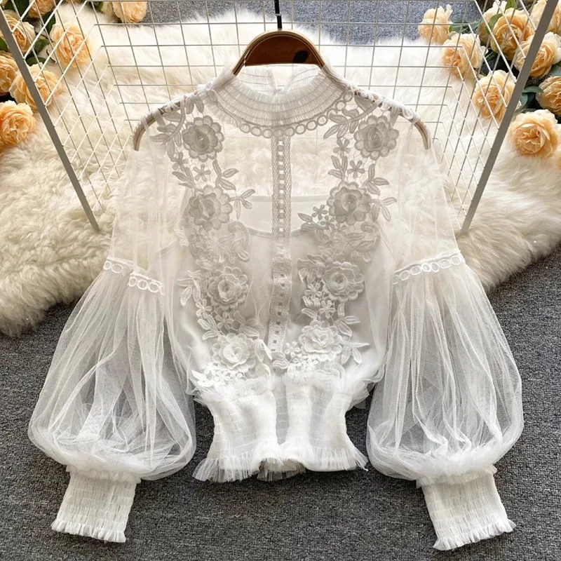 Elegant Mesh Lace Embroidery Women Blouse Lantern Sleeve See Through Sexy Shirt Women Vinatge Lady Slim Tops with Lining 25914