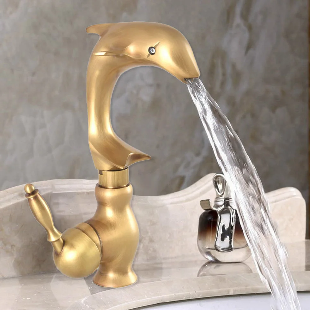 

Antique Dolphin Shape Brass Faucet Bathroom cabinet counter Basin Cold and Hot Single Hole Faucet Nan312