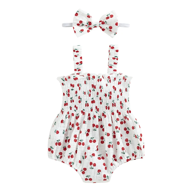 

Newborn Girl Summer Outfit Cherry Print Shirred Sleeveless Romper Bow Headband 2 Piece Set