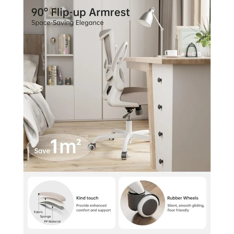 Ergonomic Desk Chair with Adjustable Lumbar Support and Flip up Armrest, Breathable Mesh Computer